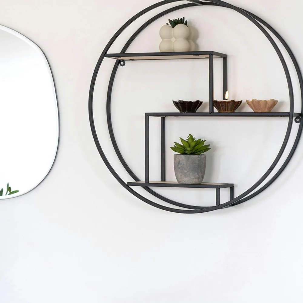Meubles De Salon·Etagères Murales|Meubles De Rangement·Etagères Murales|TALLINN Etagère murale ronde en métal noir et bois Ø62 cm