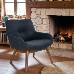Fauteuils En Tissu|BERLIN Fauteuil bleu foncé avec structure en bois de noyer