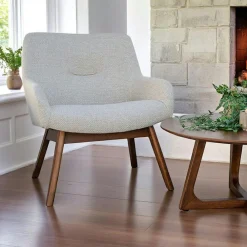 Fauteuils En Tissu|BERLIN Fauteuil bleu foncé avec structure en bois de noyer