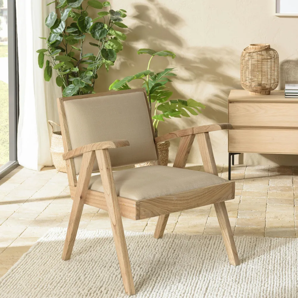 Fauteuils En Tissu|DIKA Fauteuil bois exotique clair tissu beige