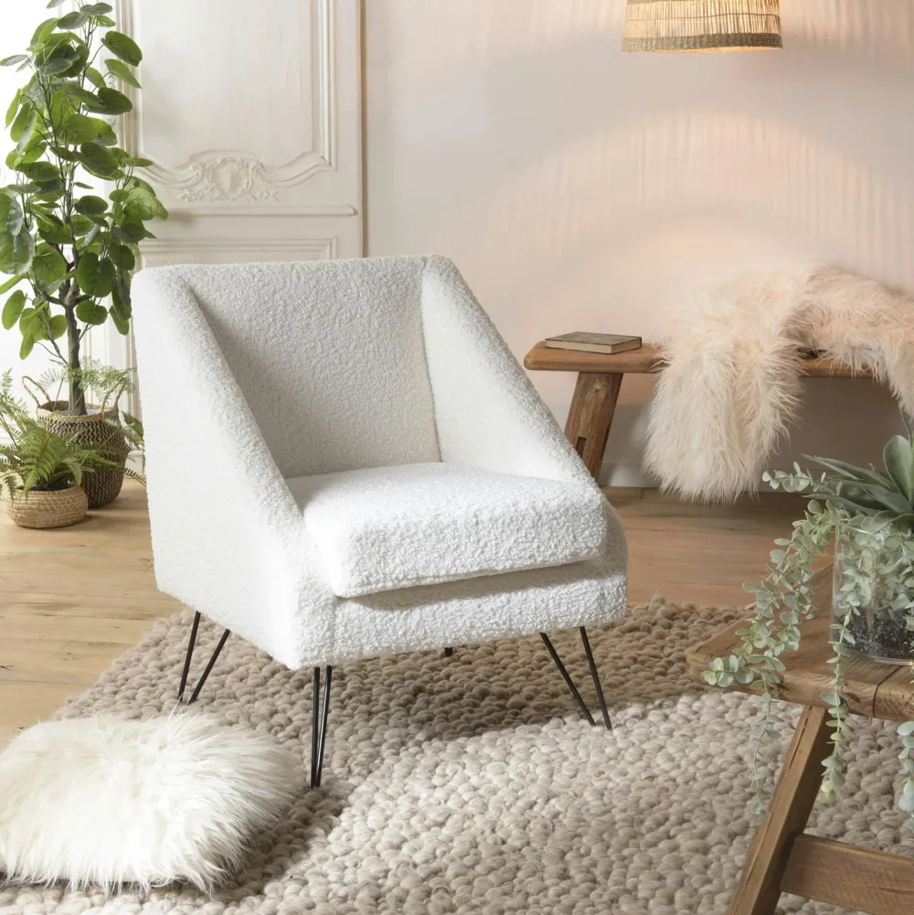 Fauteuils En Tissu|Chaises Bouclettes|TIM Fauteuil club blanc tissu bouclette
