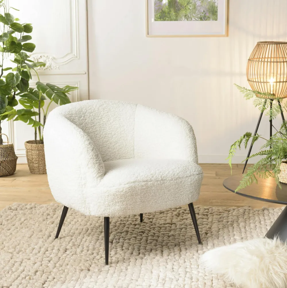 Fauteuils En Tissu|Chaises Bouclettes|TIM Fauteuil club tissu bouclette blanc