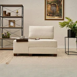 Fauteuils En Tissu|Fauteuils Convertibles|BUZON Fauteuil convertible écru chenille, plateau gauche