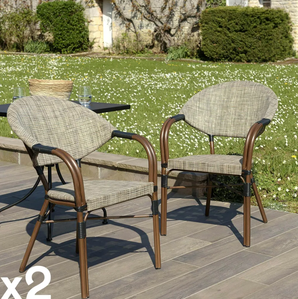 Chaises De Jardin|GIJON Fauteuil de jardin bistrot acier et tissu taupe (lot de 2)