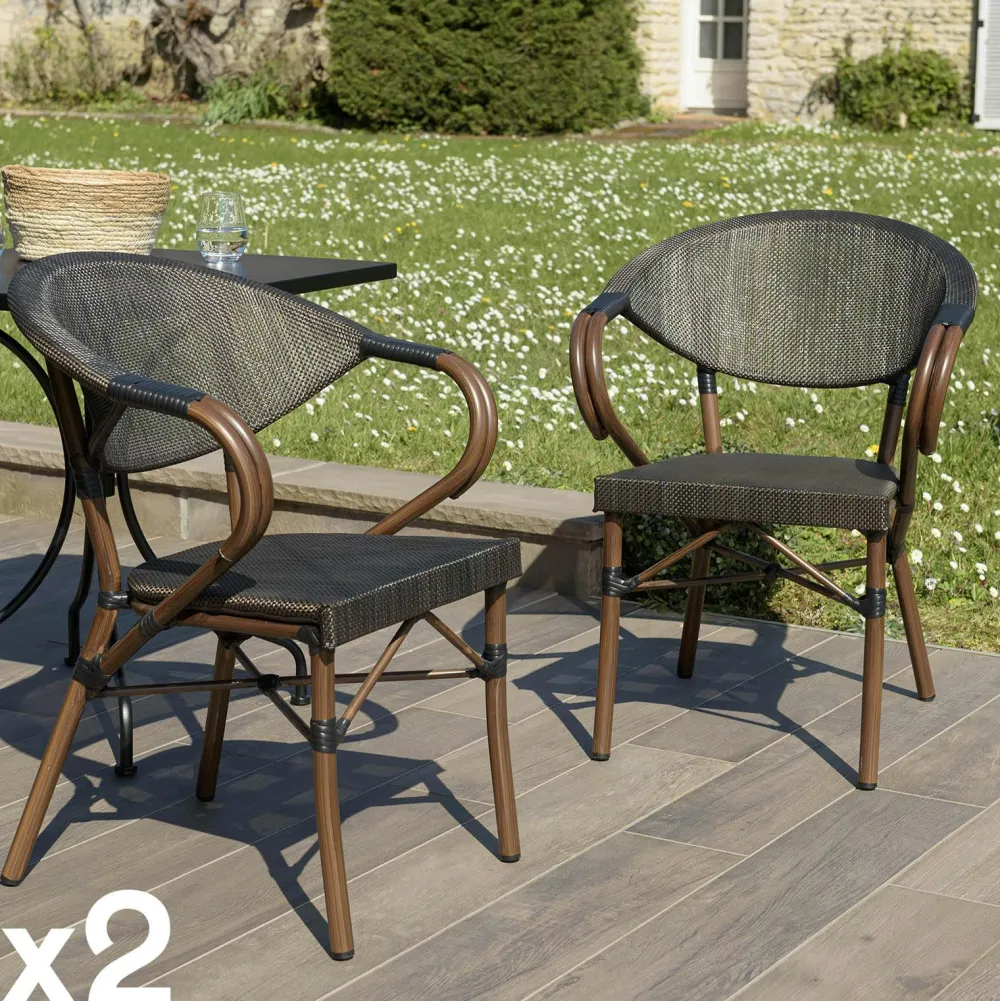 Chaises De Jardin|GIJON Fauteuil de jardin bistrot acier et tissu taupe (lot de 2)