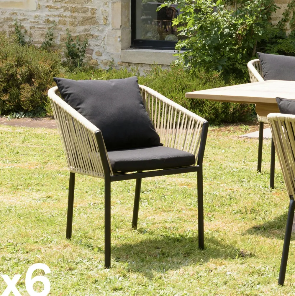 Chaises De Jardin|GIJON Fauteuil de jardin cordage couleur naturelle 2 coussins noirs (lot de 6)