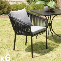 Chaises De Jardin|GIJON Fauteuil de jardin cordage couleur naturelle 2 coussins noirs (lot de 6)