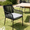 Chaises De Jardin|GIJON Fauteuil de jardin cordage noir 1 coussin gris anthracite (lot de 2)