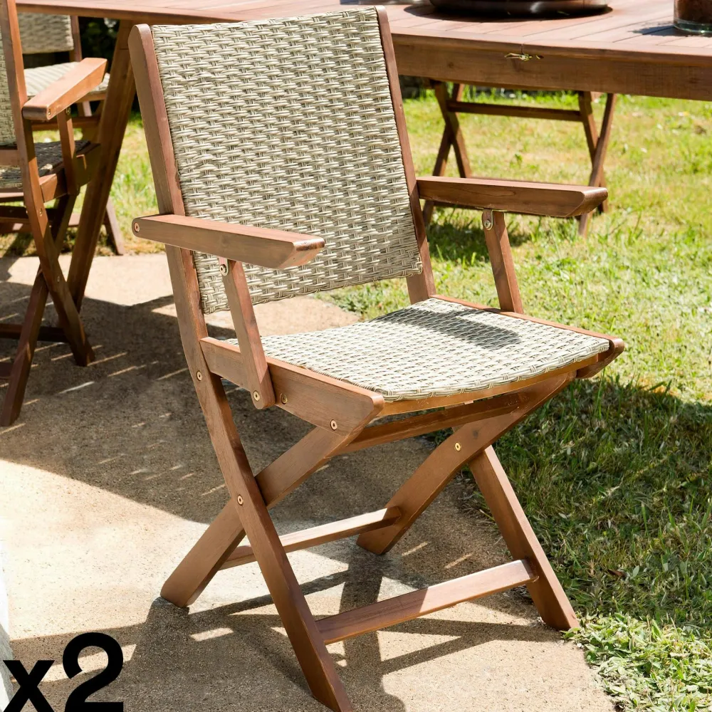 Chaises De Jardin|BAHIA Fauteuil de jardin pliant acacia rotin synthétique (lot de 2)