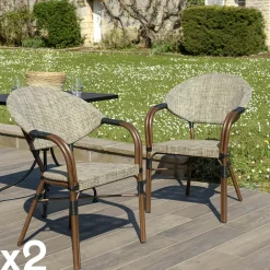 Chaises De Jardin|GIJON Fauteuil de jardin rotin synthétique ajouré couleur naturelle avec coussin noir (lot de 2)