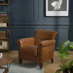 Fauteuils Vintage|Fauteuils En Cuir|PRESTON Fauteuil de salon cuir brun et roulettes