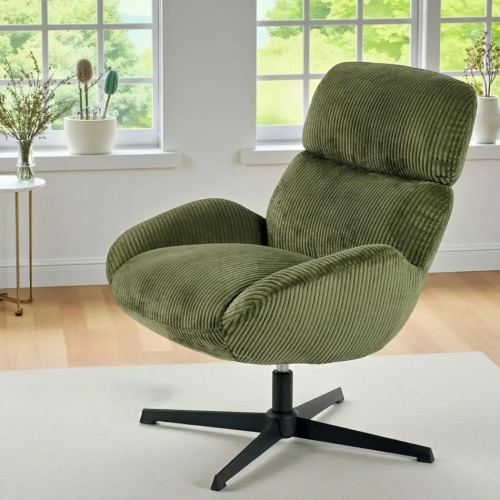 Fauteuils En Tissu|IENA Fauteuil de salon rotatif tissu côtelé blanc