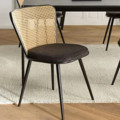 Chaises En Rotin|Chaises Contemporaines|LOANO Fauteuil de table assise velours noir dossier cannage arrondi (lot de 2)