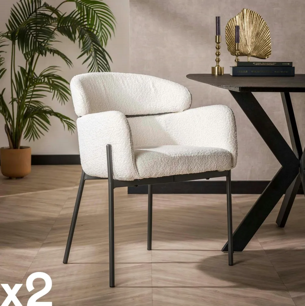 Univers Déco·Design Contemporain|Chaises Avec Accoudoirs|GALWAY Fauteuil de table beige sable en bouclette dossier haut (lot de 2)