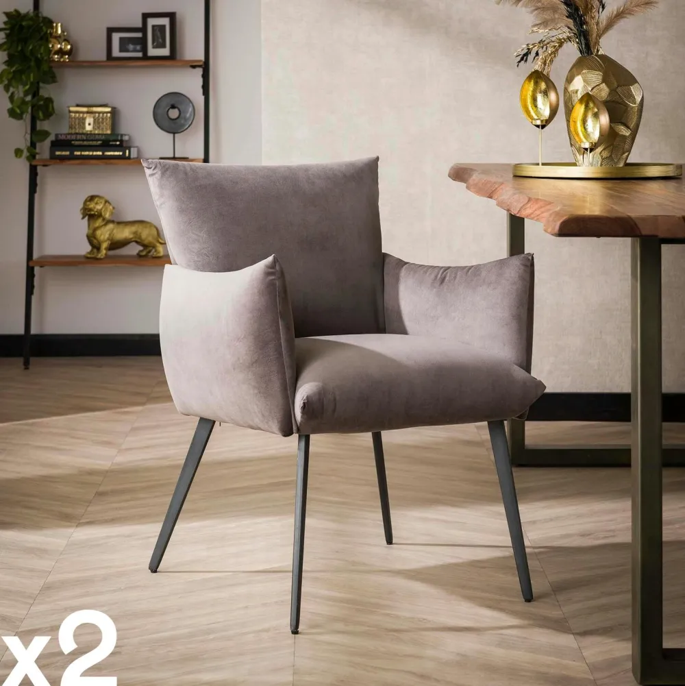 Chaises Avec Accoudoirs|Chaises Contemporaines|Melbourne Fauteuil de table en velours gris effet coussin (lot de 2)