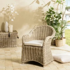 Fauteuils En Rotin|MANY Fauteuil en kubu et rotin avec coussin blanc