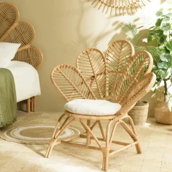 Fauteuils En Rotin|MANY Fauteuil en rotin bohême avec coussin blanc