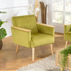 Fauteuils En Tissu|TIM Fauteuil en velours vert et bois