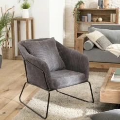 Fauteuils En Tissu|TIM Fauteuil gris anthracite en velours côtelé