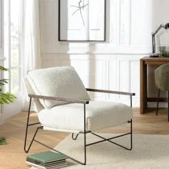 Fauteuils En Tissu|Chaises Bouclettes|TIM Fauteuil structure métal tissu bouclette blanc