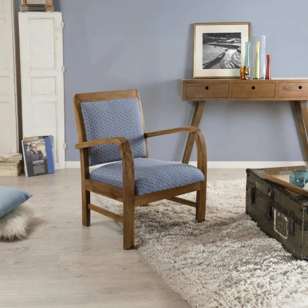 Fauteuils En Tissu|DIKA Fauteuil Teck assise tissu coton bleu motifs traditionnels vagues Seigaiha 61x63x81cm