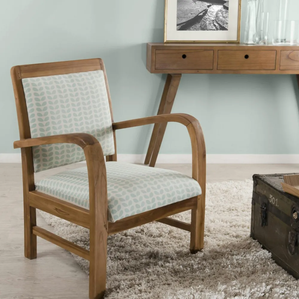 Fauteuils En Tissu|DIKA Fauteuil Teck assise tissu coton bleu motifs traditionnels vagues Seigaiha 61x63x81cm