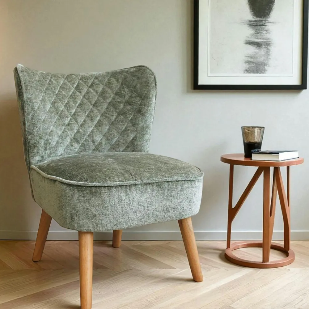 Fauteuils En Tissu|IENA Fauteuil vert tissu chenille - pieds bois, motif croisé