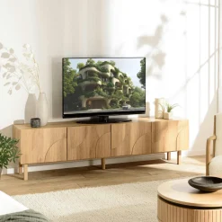 Meubles Tv En Bois|DANBA Grand meuble TV 4 portes bois clair décor graphique