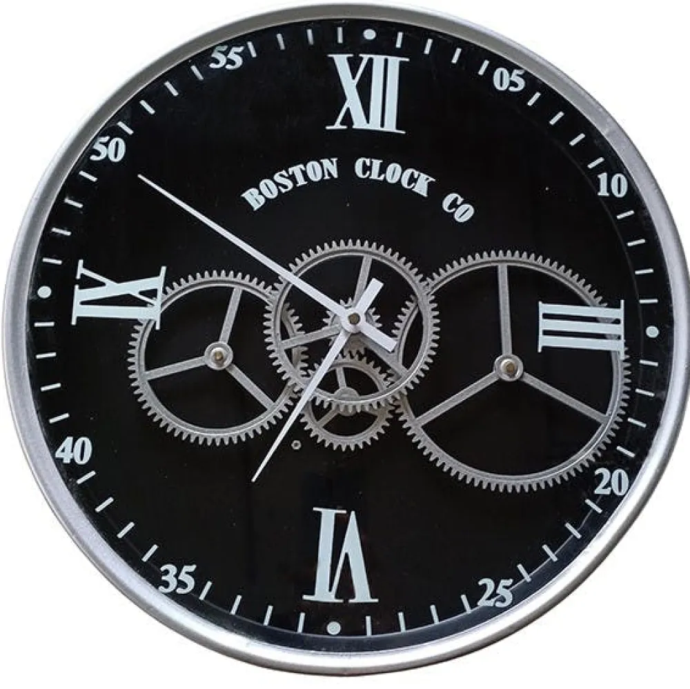 Horloges| Horloge engrenages argent fond noir Boston