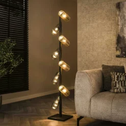 Lampadaires|RALF Lampadaire en verre ambré et chromé, 8 abat-jour