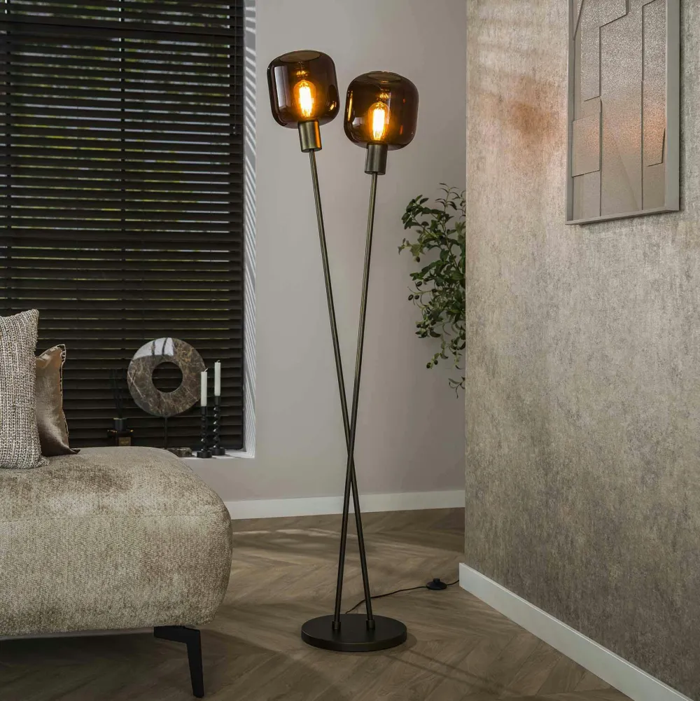 Lampadaires|NOVA Lampadaire vintage verre – 2 abat–jour croisés bronze