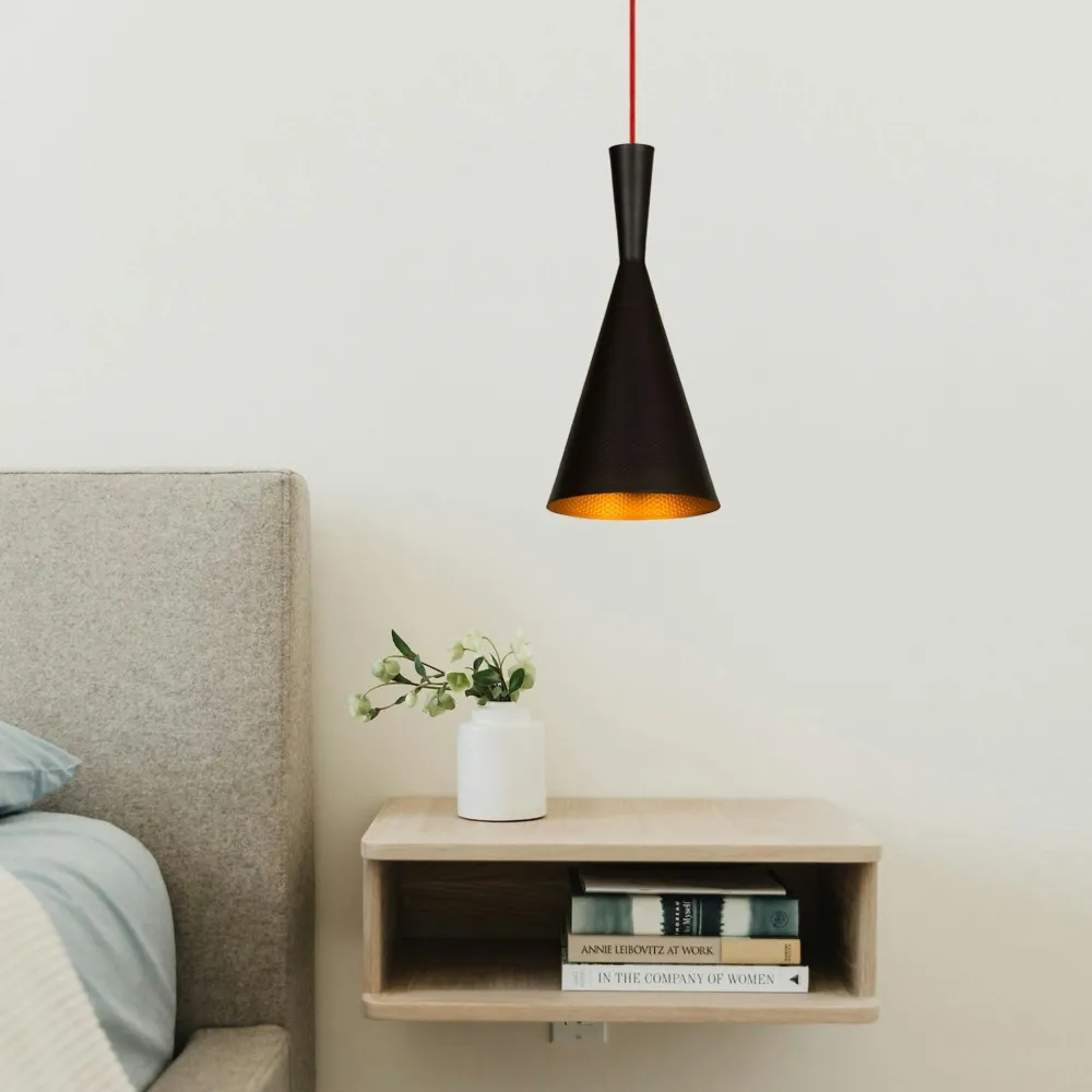 Suspensions / Lustres|SILE Lampe de chevet suspendue noire mat câble rouge, forme cône