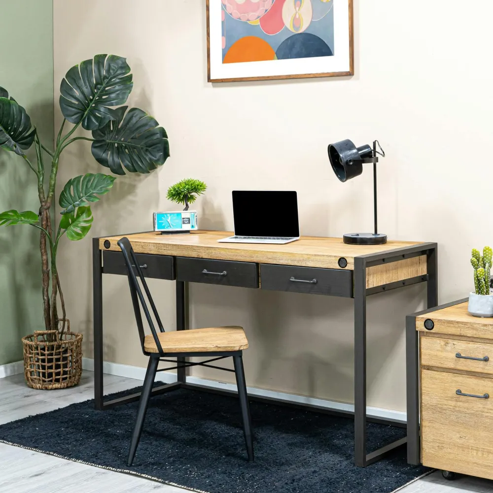 Caissons De Bureau|Brooklyn Meuble bas / Caisson de Bureau à roulettes Inspiration Indus' en Acacia et Métal, 2 tiroirs 51x60x60cm