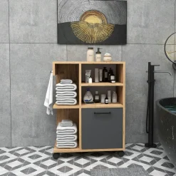 Meubles De Salle De Bains·Rangement Salle De Bains|MARFA Meuble de rangement blanc sur roulettes, 2 patères