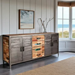 Chiffonnier Industriel|Caravelle Meuble de rangement bois recyclé 1 niche et 2 tiroirs métal 60x40x110cm