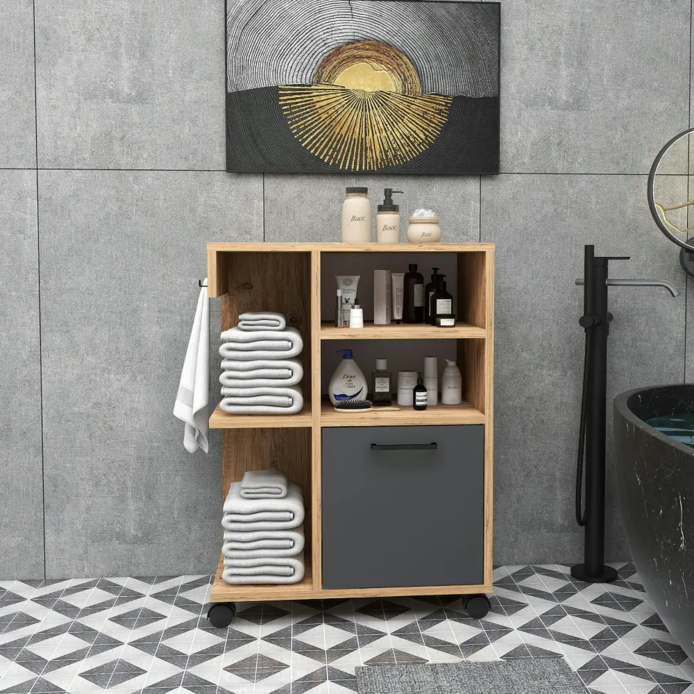 Meubles De Salle De Bains·Rangement Salle De Bains|MARFA Meuble de rangement sur roulettes effet bois de pin