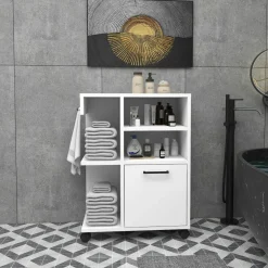 Meubles De Salle De Bains·Rangement Salle De Bains|MARFA Meuble de rangement sur roulettes effet bois de pin