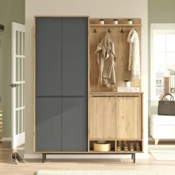 Meubles D'Entrée·Portemanteaux|Meubles D'Entrée·Vestiaires|JENA Meuble d'entrée avec rangement - vert sauge et effet chêne