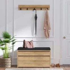 Meubles D'Entrée·Portemanteaux|Meubles D'Entrée·Vestiaires|JENA Meuble d'entrée avec rangement - vert sauge et effet chêne