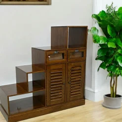 Bibliothèques En Bois|Bibliothèques En Bois|Maori Meuble Escalier double face Hévéa 2 portes persiennes, 2 tiroirs, 3 niches, 105x40x102cm