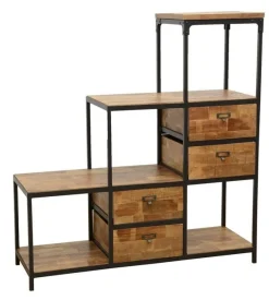 Etagères Industrielle|Loft / Loft Colors Meuble Escalier Double Faces 4 tiroirs, 4 niches cubes ouvertes en Hévéa recyclé naturel et métal 120x40x128cm LOFT