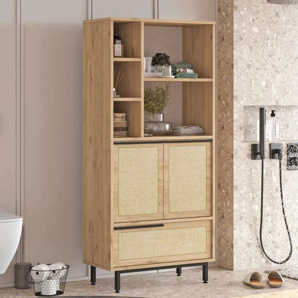 Meubles De Salle De Bains·Rangement Salle De Bains|JENA Meuble salle de bains haut avec cannage & effet bois