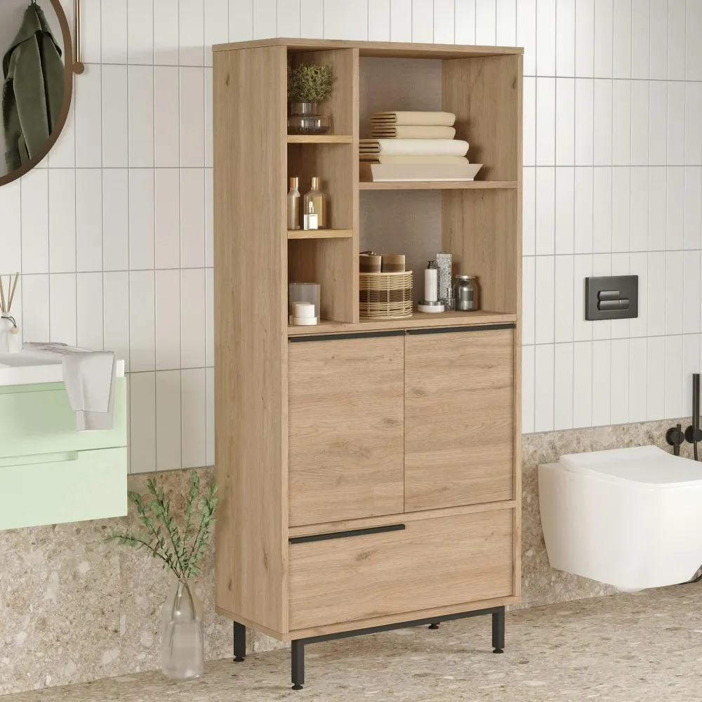 Meubles De Salle De Bains·Rangement Salle De Bains|JENA Meuble salle de bains haut avec cannage & effet bois