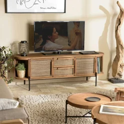 Meubles Tv En Bois|Swing Meuble TV 180 cm en teck recycle 2 tiroirs fibre de coco
