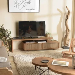 Meubles Tv En Bois|Swing Meuble TV 180 cm en teck recycle 2 tiroirs fibre de coco