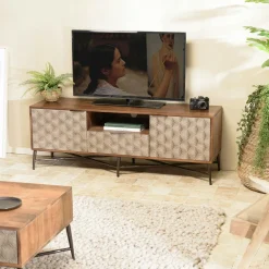 Meubles Tv En Bois|KANHA Meuble TV en manguier 1 tiroir 2 placards façade motifs graphiques