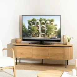 Meubles Tv En Bois|JINAN Meuble TV 3 portes bords arrondis bois décor strié