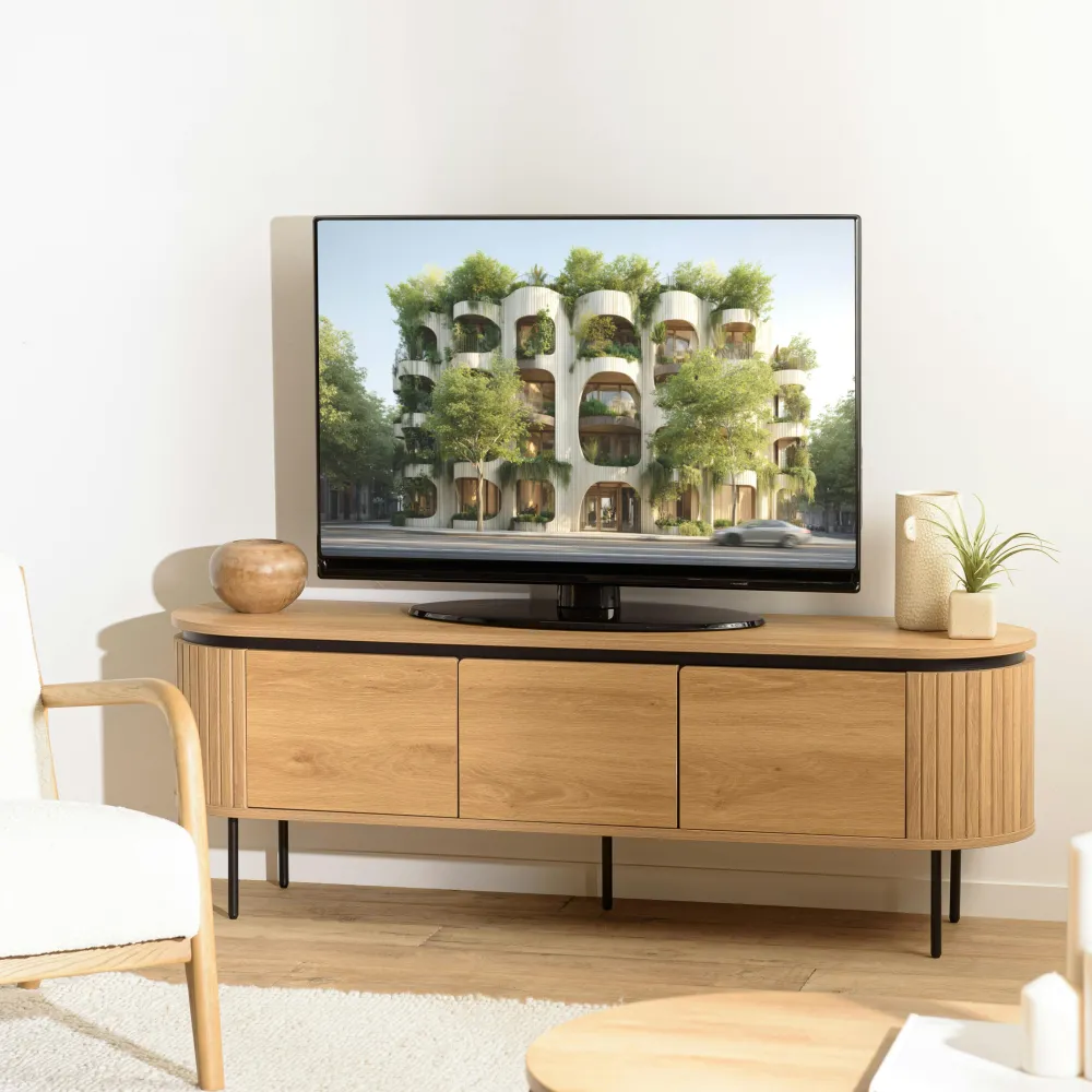 Meubles Tv En Bois|JINAN Meuble TV 3 portes bords arrondis bois décor strié