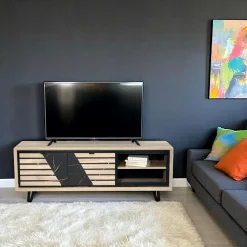 Meubles Tv En Bois|ESSEN Meuble TV 2 portes chêne blanc décor graphique