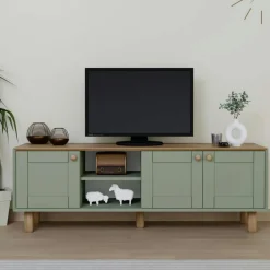 Meubles Tv En Bois|VAREN Meuble TV 3 portes vert sauge et plateau effet chêne